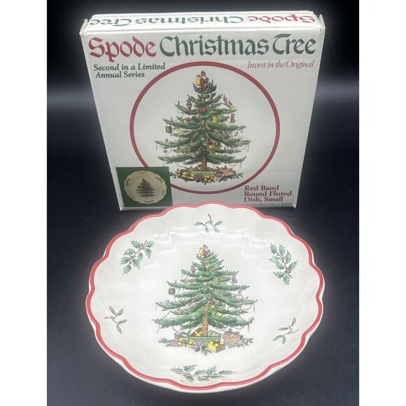 Spode Christmas Tree RED Band Round Fluted Dish 2nd Limited Annual Series 5” - Picture 1 of 3